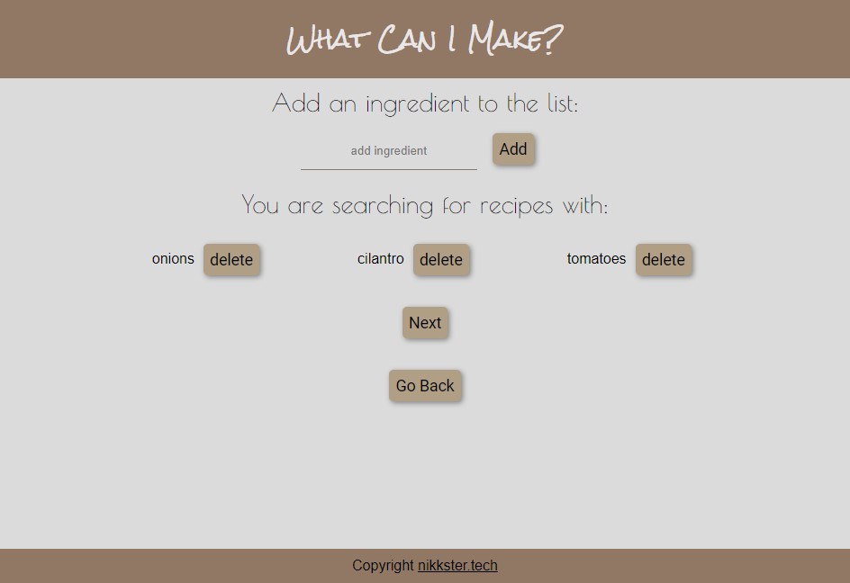 View of included ingredients screen