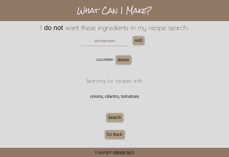 View of excluded ingredients screen